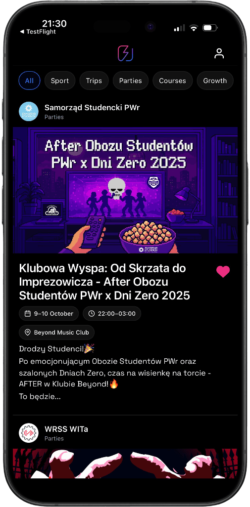 Zrzut ekranu aplikacji PWr Now na iOS